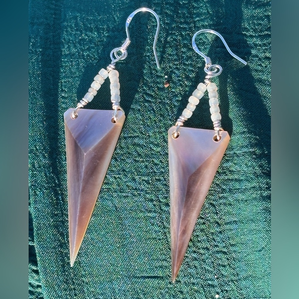 Handmade Vintage Genuine Carved Abalone Shell and Seed Bead Dangle Earrings